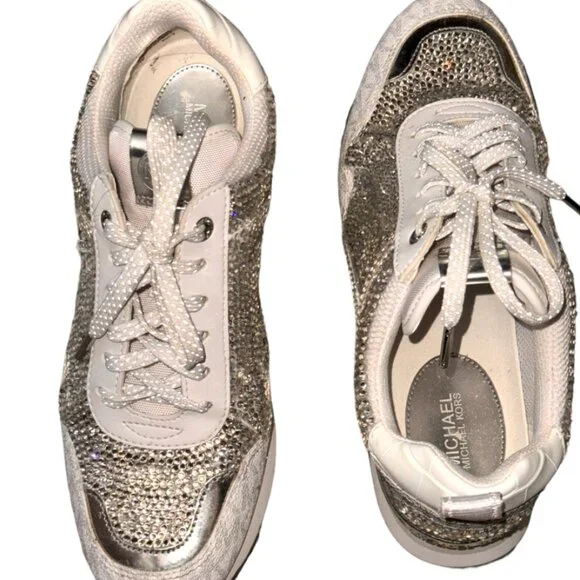 Women Sneakers, Crystals/ Rhinestones, Michael Kors shoes, Walking Shoes, Silver